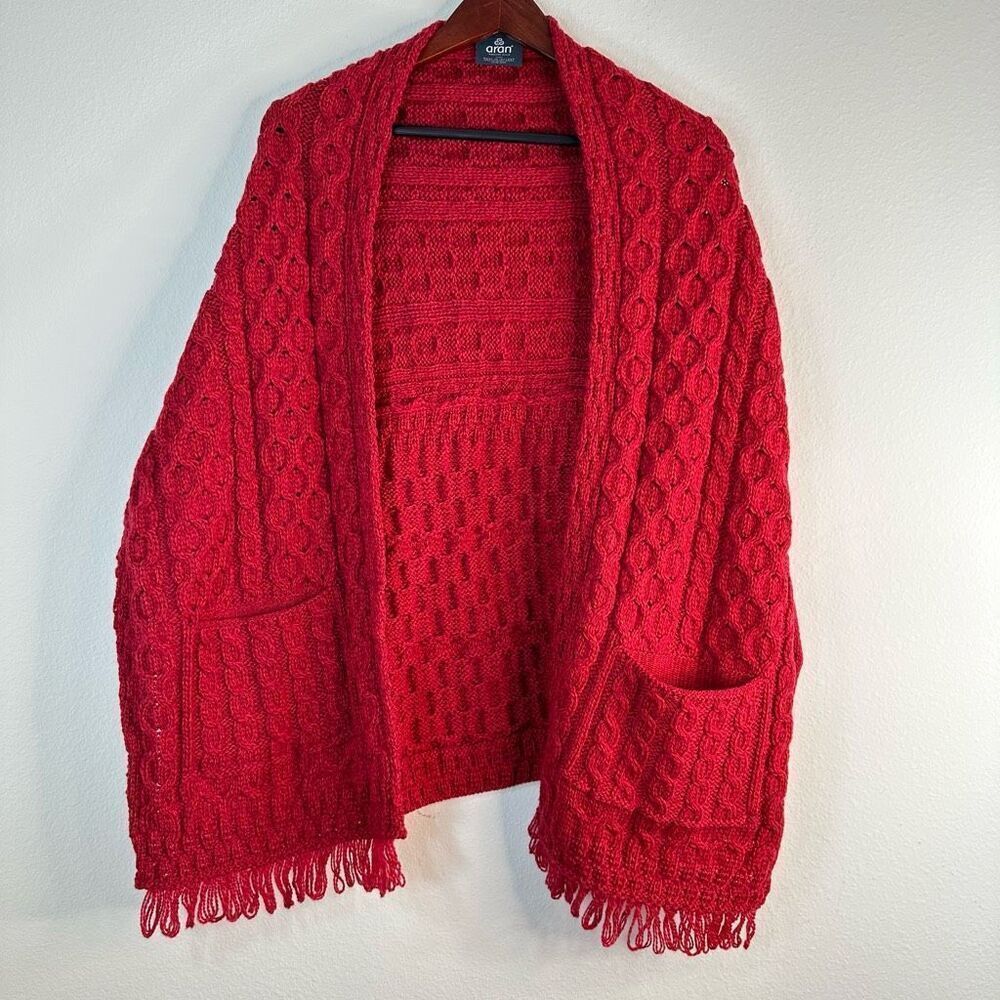 Aran Woollen Mills Womens Cherry Red Wool Cable‎ Knit Shawl Sweater One Size